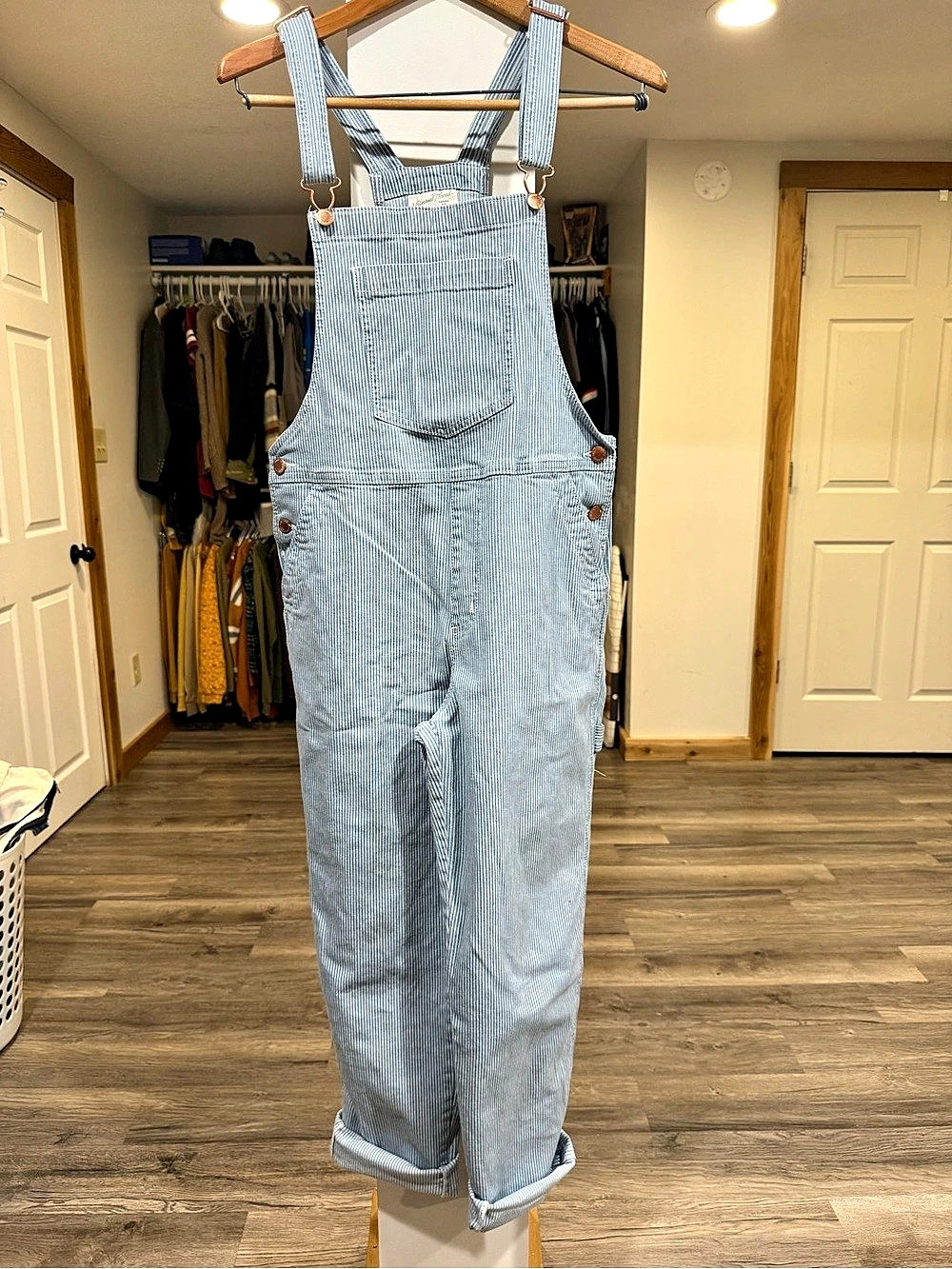 Universal Thread Blue and White Striped Denim Overalls Blue & White Striped